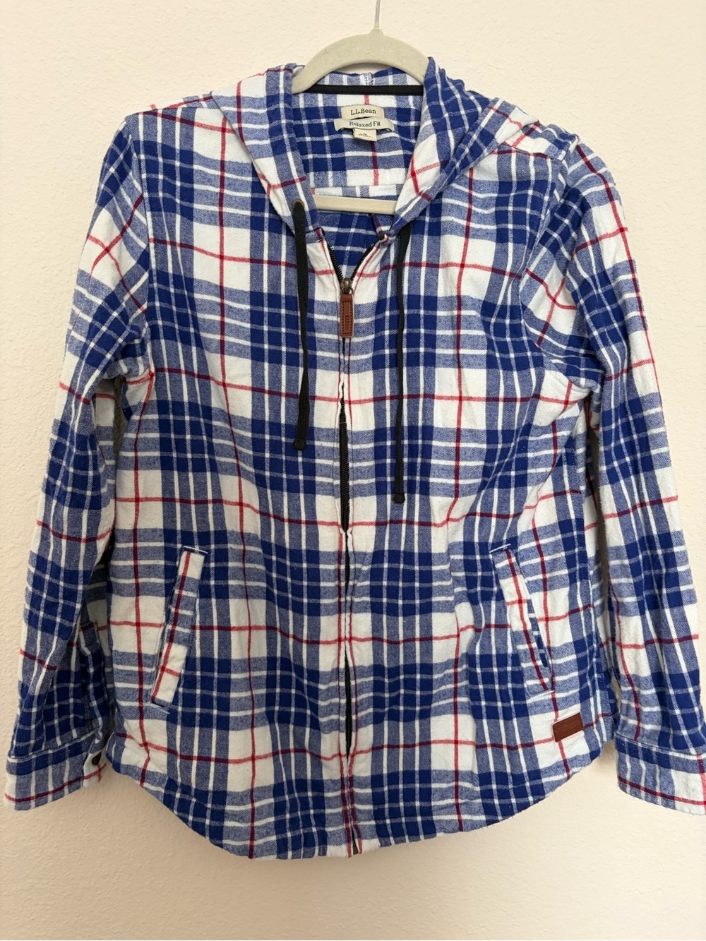 100% Cotton L.L. Bean Women Blue, White and Red Plaid Hooded Zip Flannel Jacket